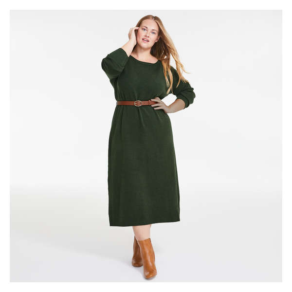 Women+ Belted Sweater Dress - Army Green